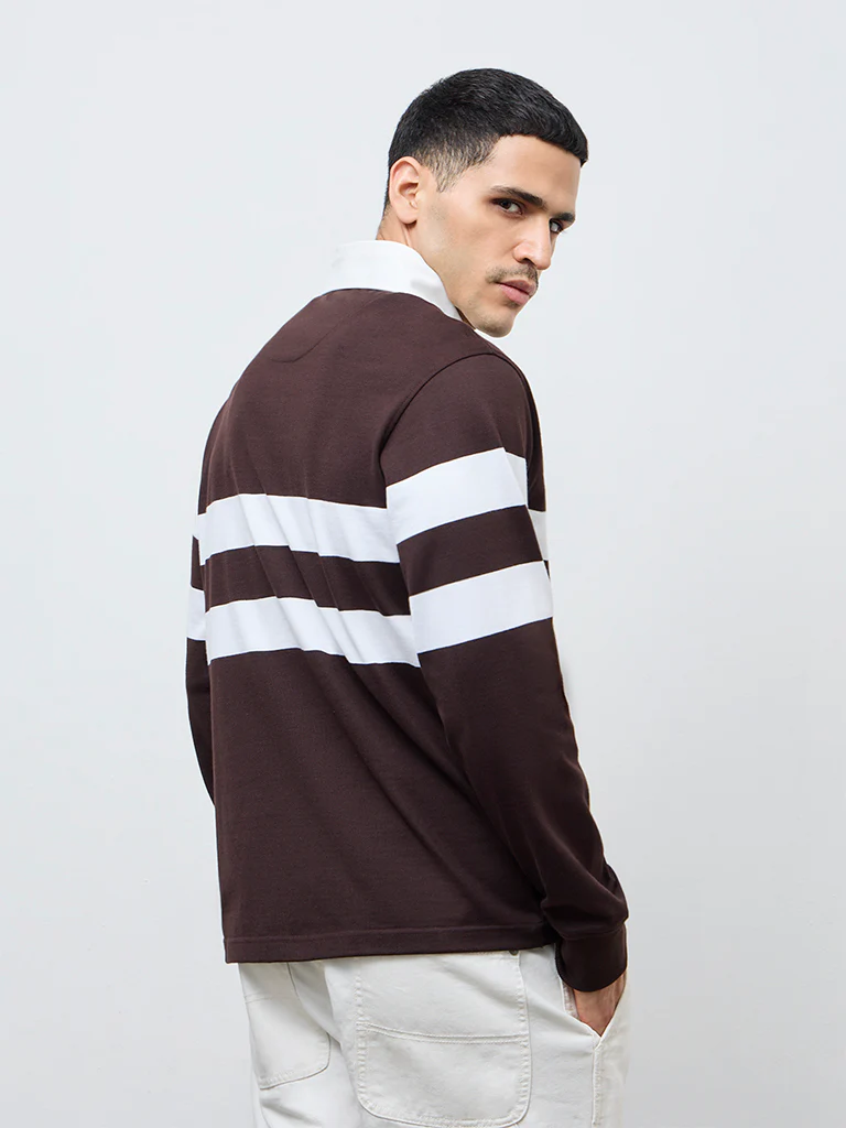 WES Casuals Dark Brown Striped Relaxed Fit Cotton Polo T-Shirt - Image 5