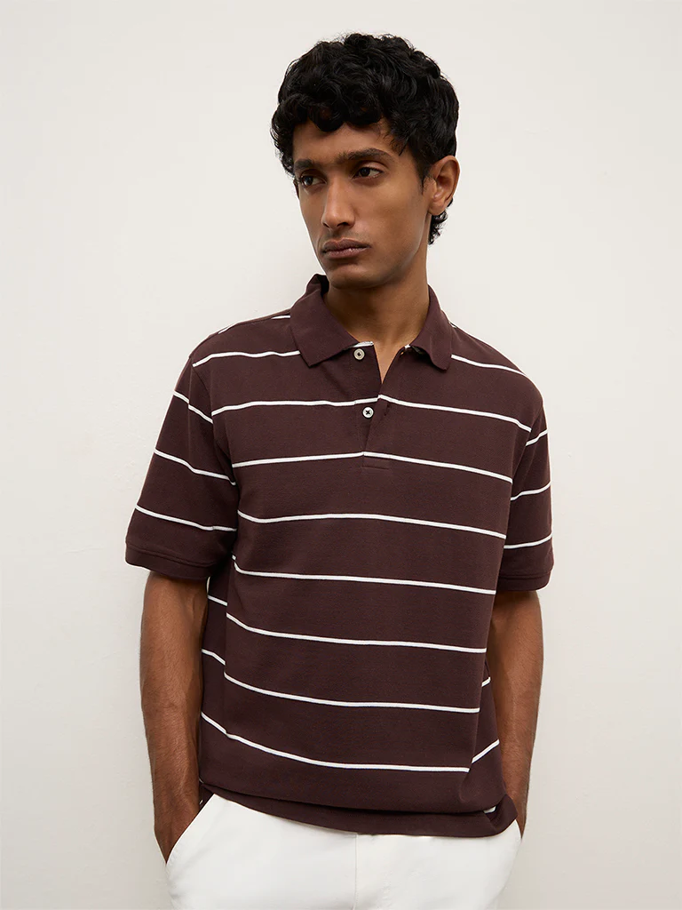 WES Casuals Dark Brown Striped Relaxed-Fit Cotton Polo T-Shirt