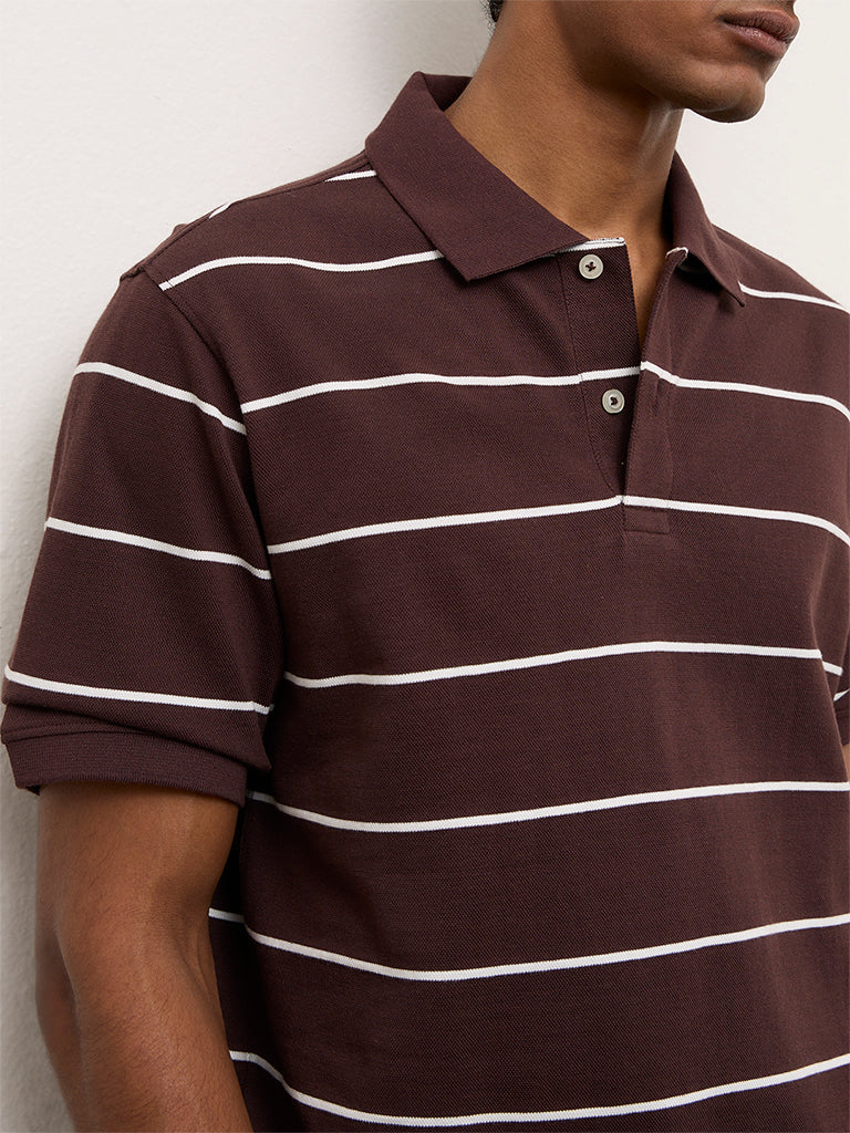 WES Casuals Dark Brown Striped Relaxed-Fit Cotton Polo T-Shirt - Image 4