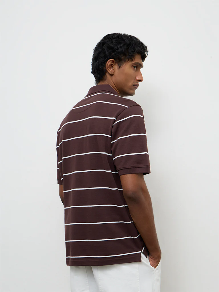 WES Casuals Dark Brown Striped Relaxed-Fit Cotton Polo T-Shirt - Image 5