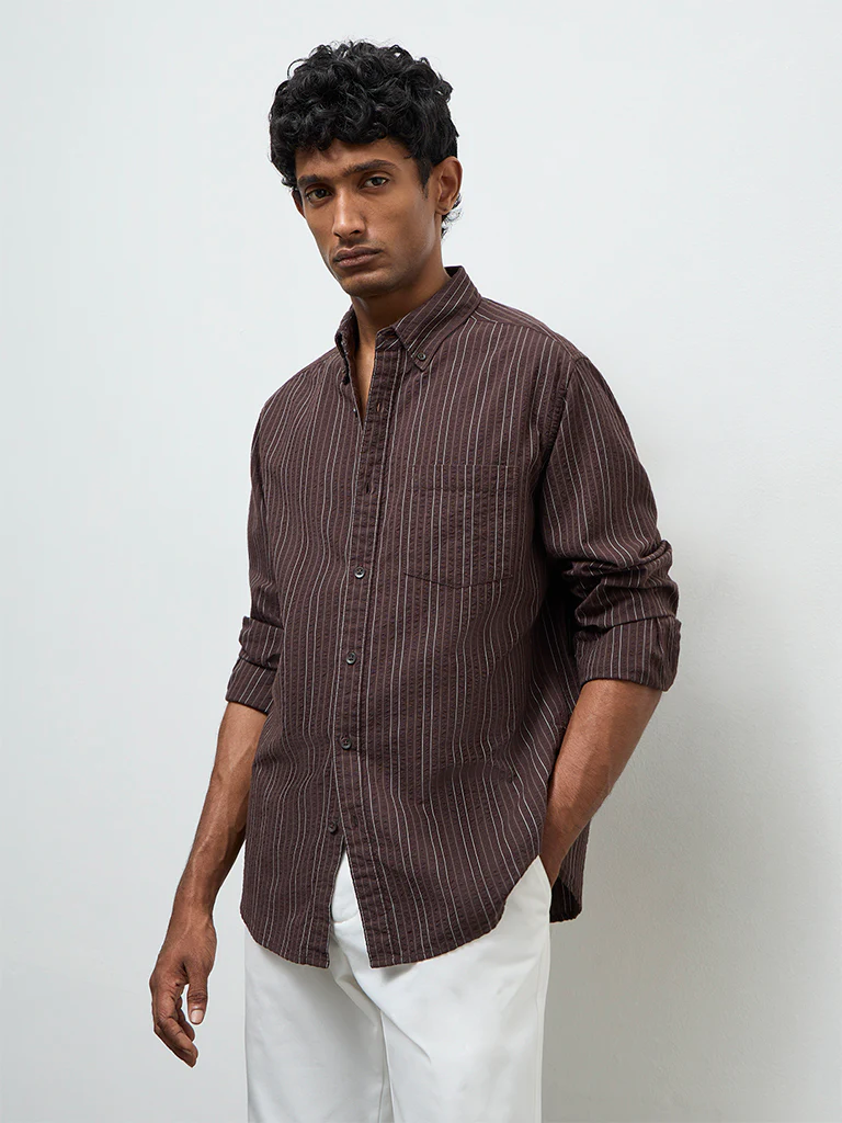 WES Casuals Dark Brown Striped Relaxed-Fit Cotton Shirt - Image 2