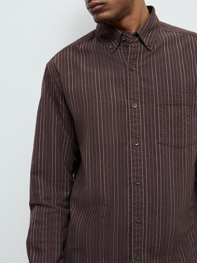 WES Casuals Dark Brown Striped Relaxed-Fit Cotton Shirt - Image 3