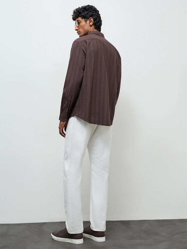 WES Casuals Dark Brown Striped Relaxed-Fit Cotton Shirt - Image 4