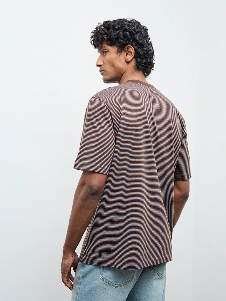 WES Casuals Dark Brown Striped Relaxed Fit Cotton T-Shirt - Image 5
