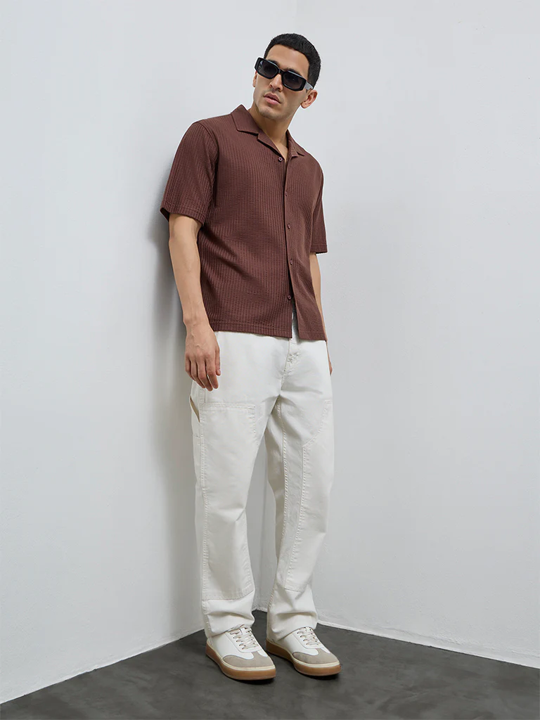 WES Casuals Dark Brown Striped Relaxed-Fit Shirt - Image 3