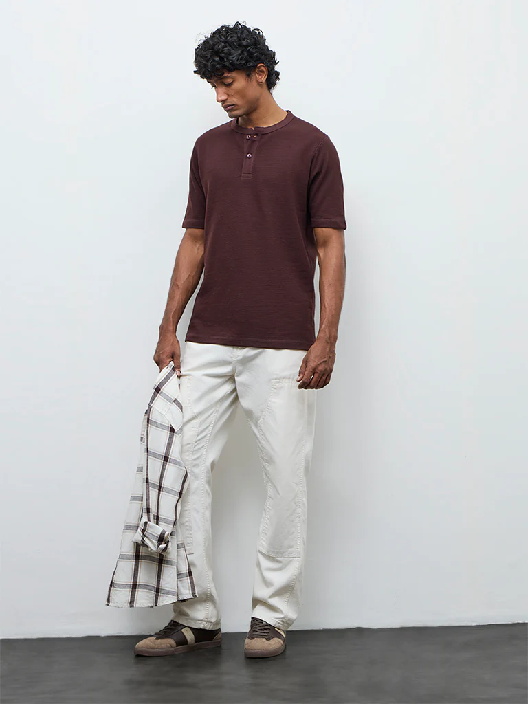 WES Casuals Dark Brown Textured Relaxed Fit Cotton-Blend T-Shirt