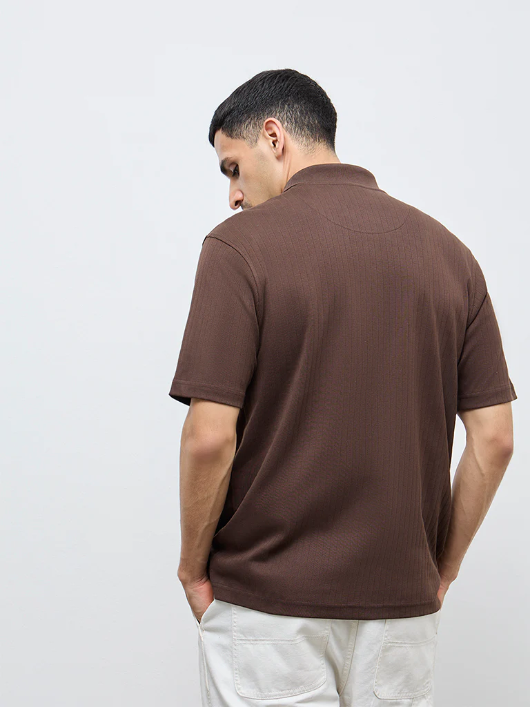 WES Casuals Dark Brown Textured Slim-Fit T-Shirt - Image 5