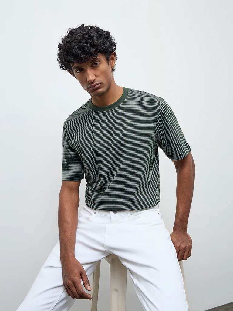 WES Casuals Dark Green Striped Relaxed Fit Cotton T-Shirt