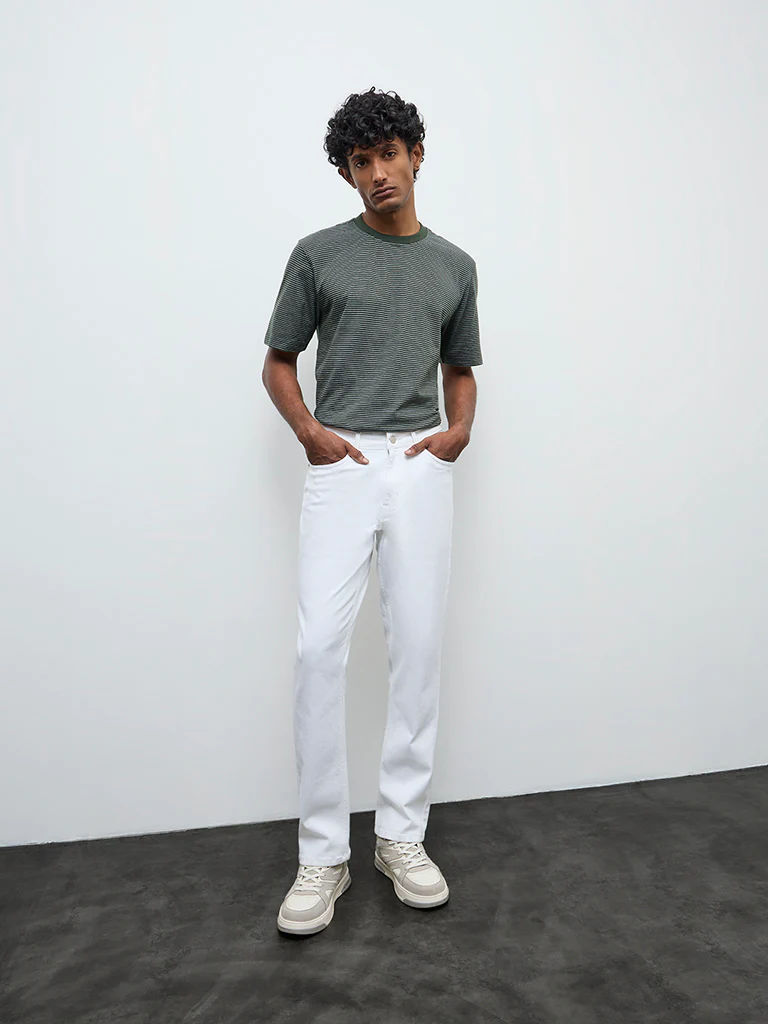 WES Casuals Dark Green Striped Relaxed Fit Cotton T-Shirt - Image 3