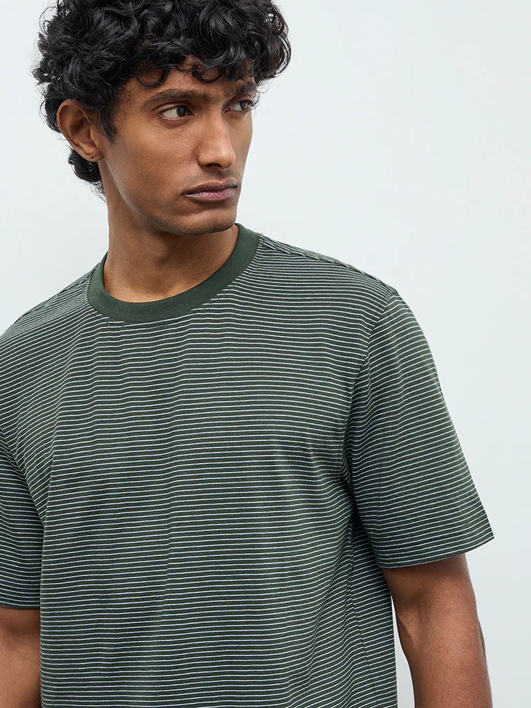 WES Casuals Dark Green Striped Relaxed Fit Cotton T-Shirt - Image 4