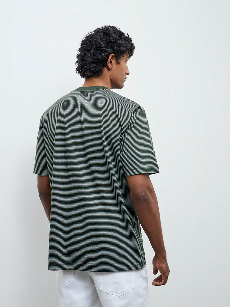 WES Casuals Dark Green Striped Relaxed Fit Cotton T-Shirt - Image 5