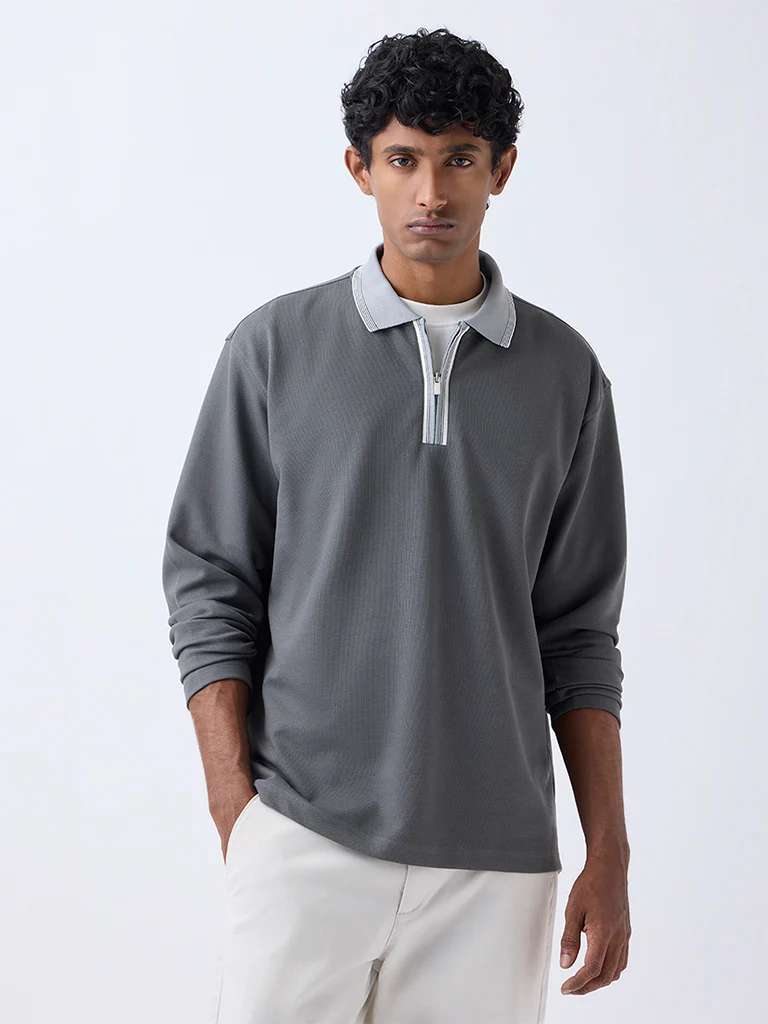 WES Casuals Dark Grey Relaxed-Fit Quarter-Zip Cotton-Blend Sweatshirt