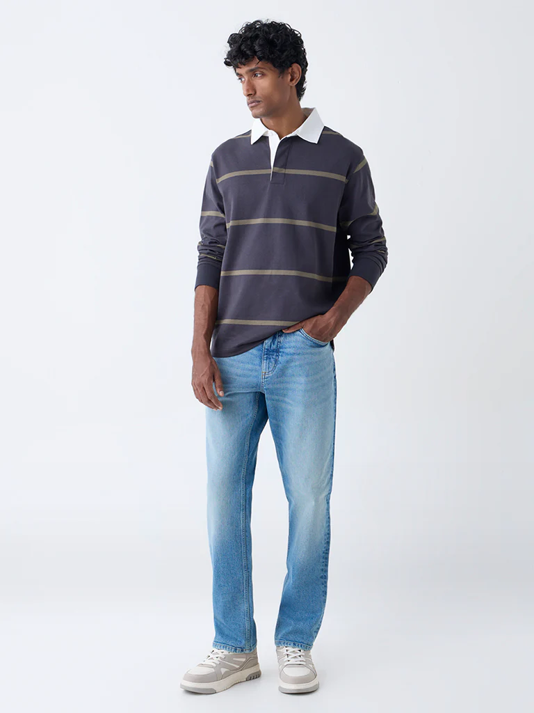 WES Casuals Dark Grey Striped Relaxed Fit Cotton-Blend Polo T-Shirt