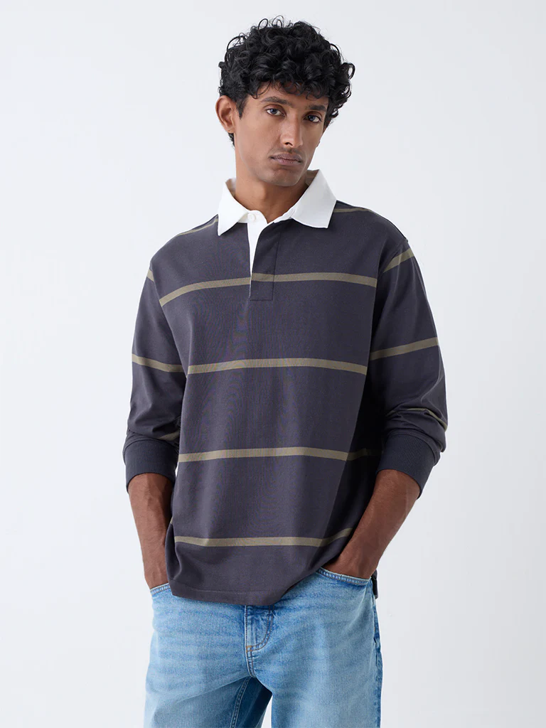 WES Casuals Dark Grey Striped Relaxed Fit Cotton-Blend Polo T-Shirt - Image 3