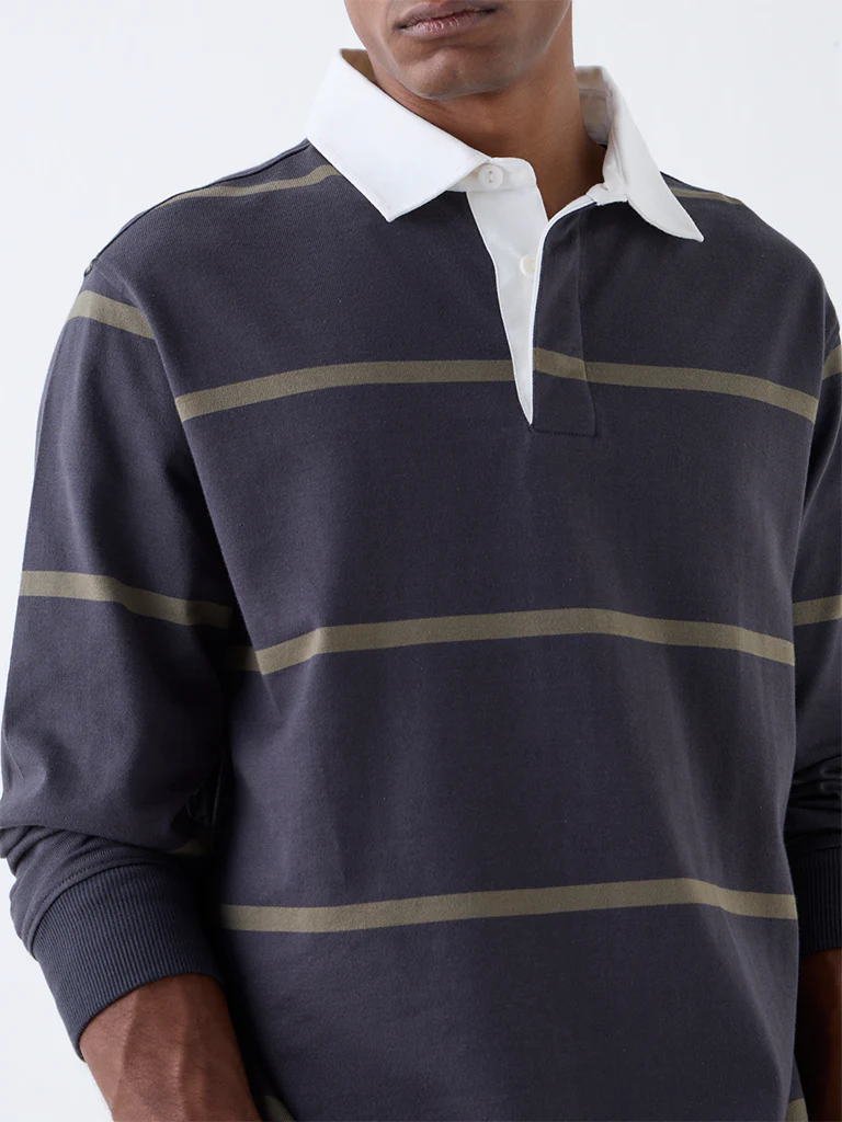 WES Casuals Dark Grey Striped Relaxed Fit Cotton-Blend Polo T-Shirt - Image 4