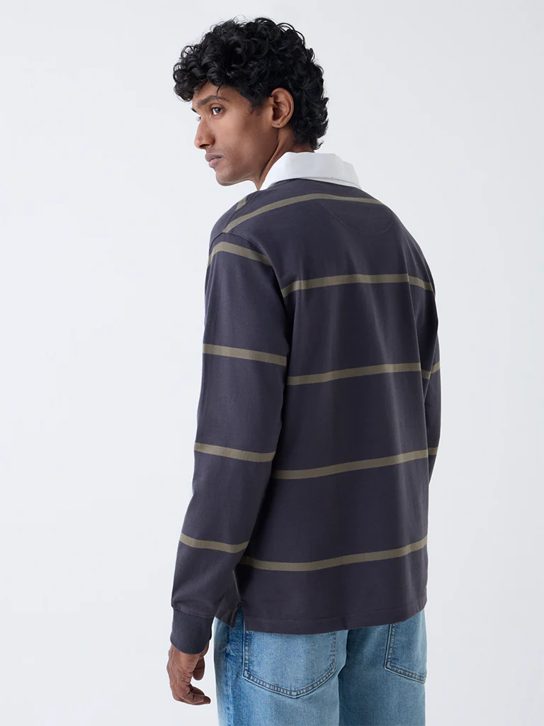 WES Casuals Dark Grey Striped Relaxed Fit Cotton-Blend Polo T-Shirt - Image 5