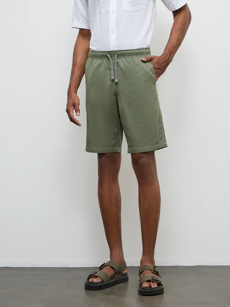 WES Casuals Dark Olive Relaxed-Fit Mid-Rise Cotton-Blend Shorts - Image 3
