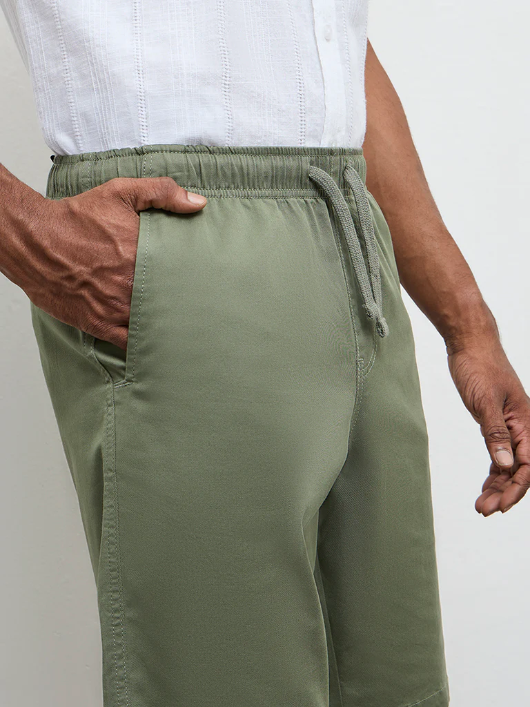 WES Casuals Dark Olive Relaxed-Fit Mid-Rise Cotton-Blend Shorts - Image 4