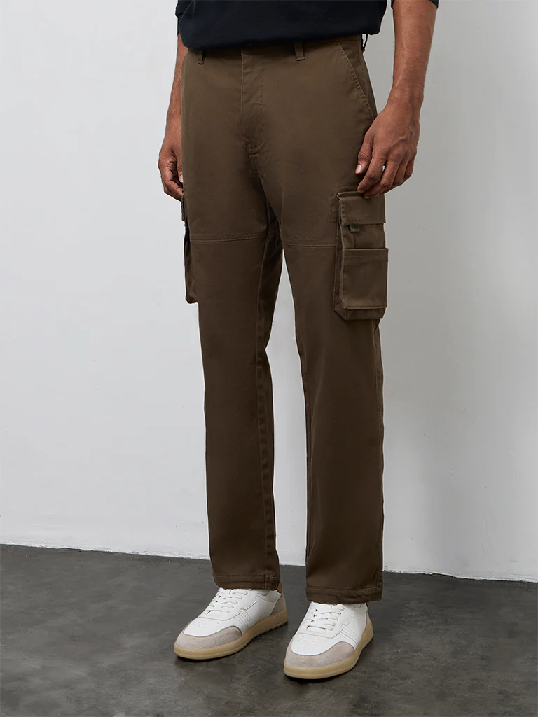 WES Casuals Dark Olive Relaxed-Fit Mid-Rise Cotton Cargo Pants - Image 3
