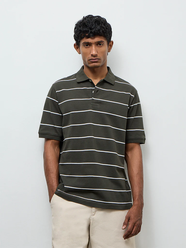 WES Casuals Dark Olive Striped Relaxed-Fit Cotton Polo T-Shirt