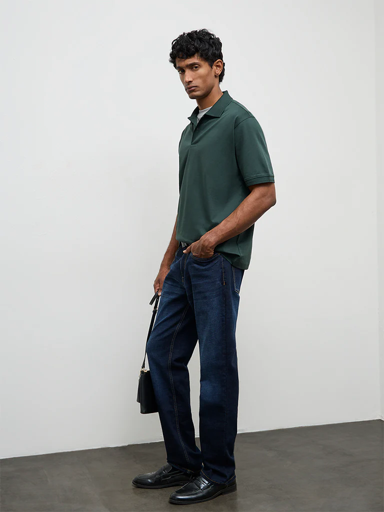 WES Casuals Dark Sage Relaxed-Fit Cotton Polo T-Shirt