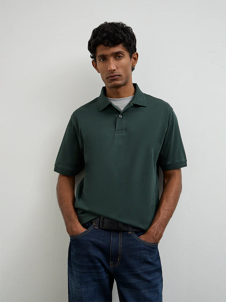 WES Casuals Dark Sage Relaxed-Fit Cotton Polo T-Shirt - Image 3
