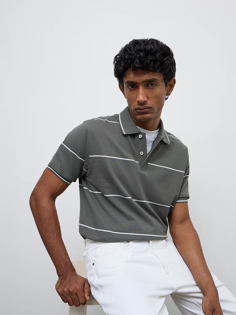 WES Casuals Dark Sage Relaxed-Fit Cotton Polo T-Shirt