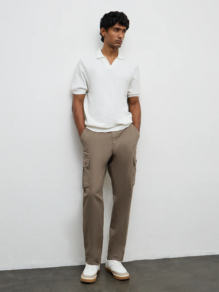 WES Casuals Dark Taupe Relaxed-Fit Mid-Rise Cotton Cargo Pants