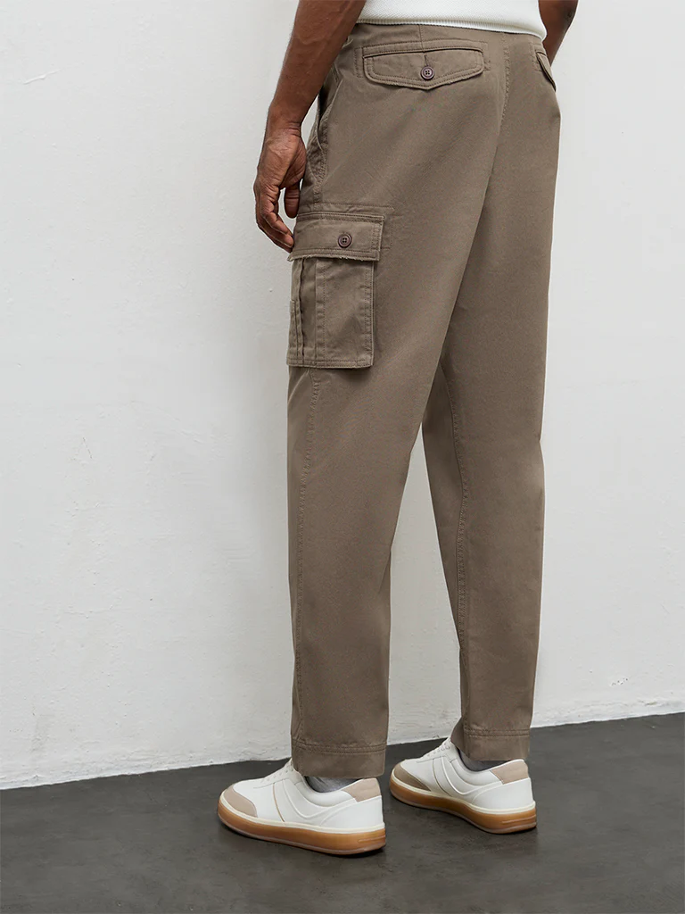 WES Casuals Dark Taupe Relaxed-Fit Mid-Rise Cotton Cargo Pants - Image 5