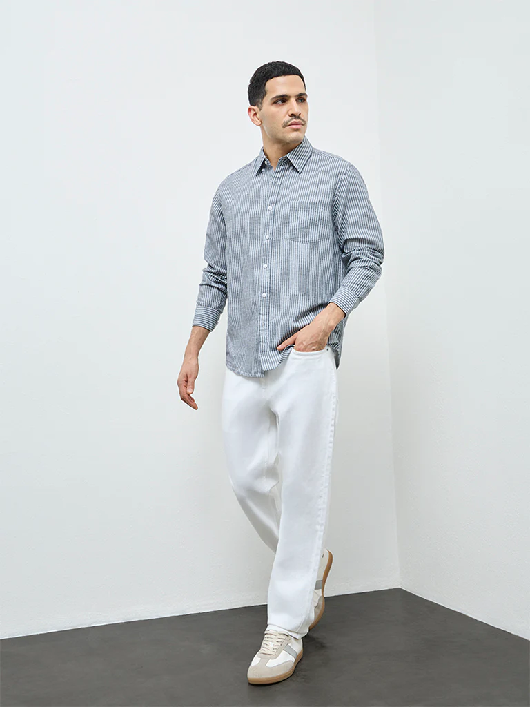 WES Casuals Dark Teal Striped Relaxed-Fit Cotton-Blend Shirt - Image 2