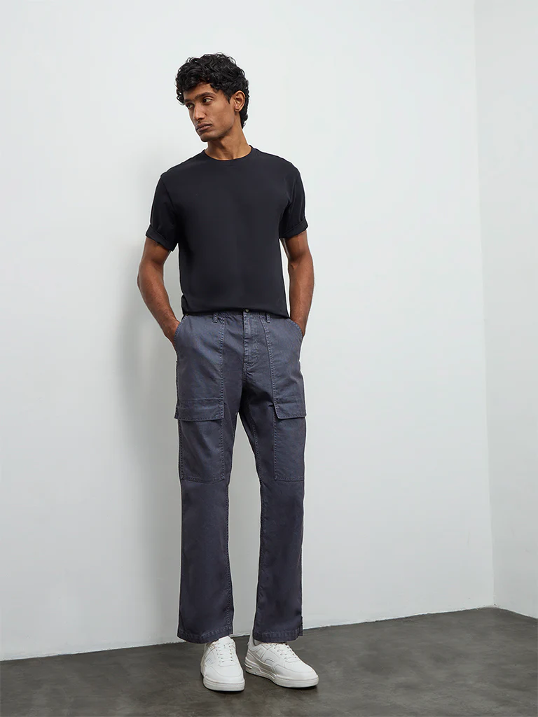WES Casuals Dusty Blue Relaxed-Fit Mid-Rise Cotton-Blend Cargo Pants - Image 3