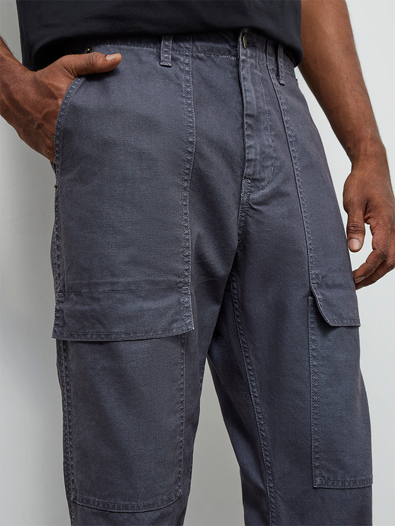 WES Casuals Dusty Blue Relaxed-Fit Mid-Rise Cotton-Blend Cargo Pants - Image 4