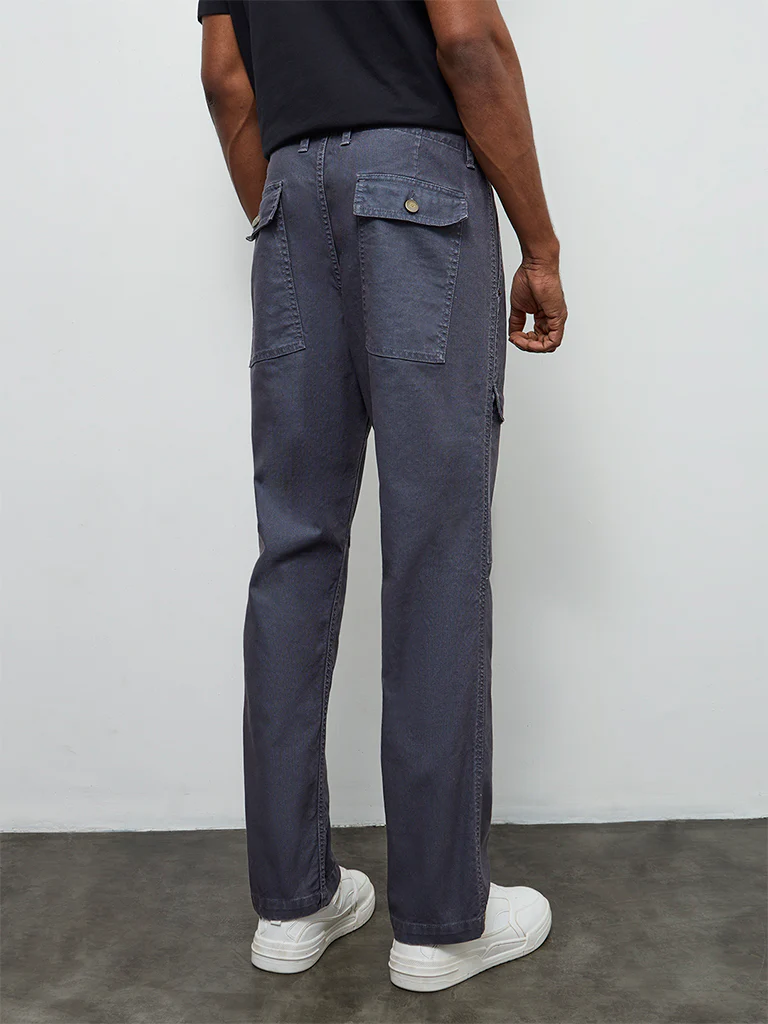 WES Casuals Dusty Blue Relaxed-Fit Mid-Rise Cotton-Blend Cargo Pants - Image 5