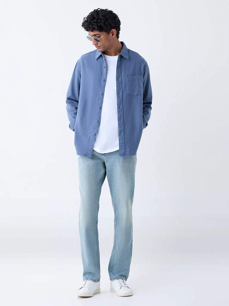 WES Casuals Dusty Blue Solid Relaxed-Fit Cotton Shirt - Image 2