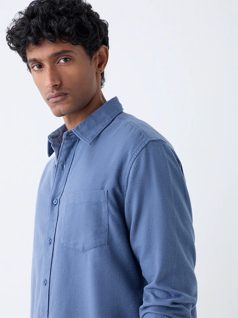 WES Casuals Dusty Blue Solid Relaxed-Fit Cotton Shirt - Image 3