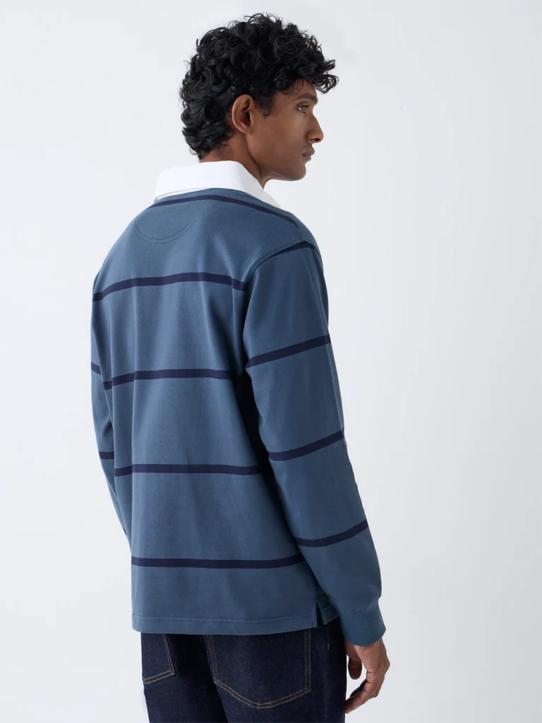 WES Casuals Dusty Blue Striped Relaxed Fit Cotton-Blend Polo T-Shirt - Image 5