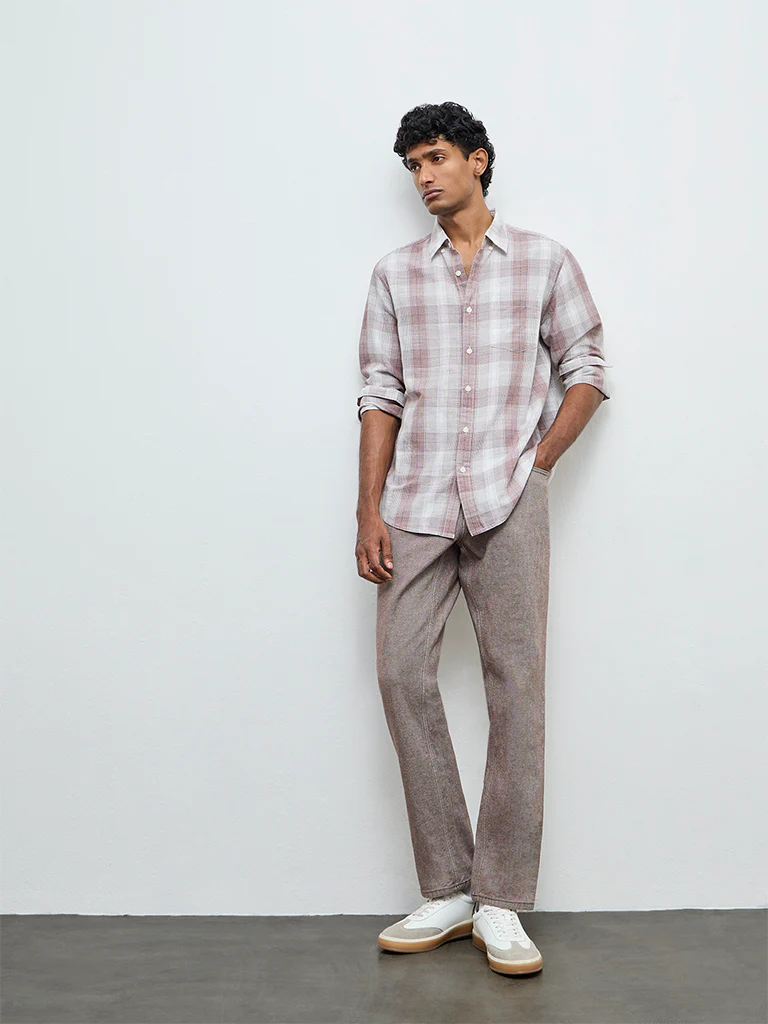 WES Casuals Dusty Pink Checks Relaxed Fit Cotton-Blend Shirt