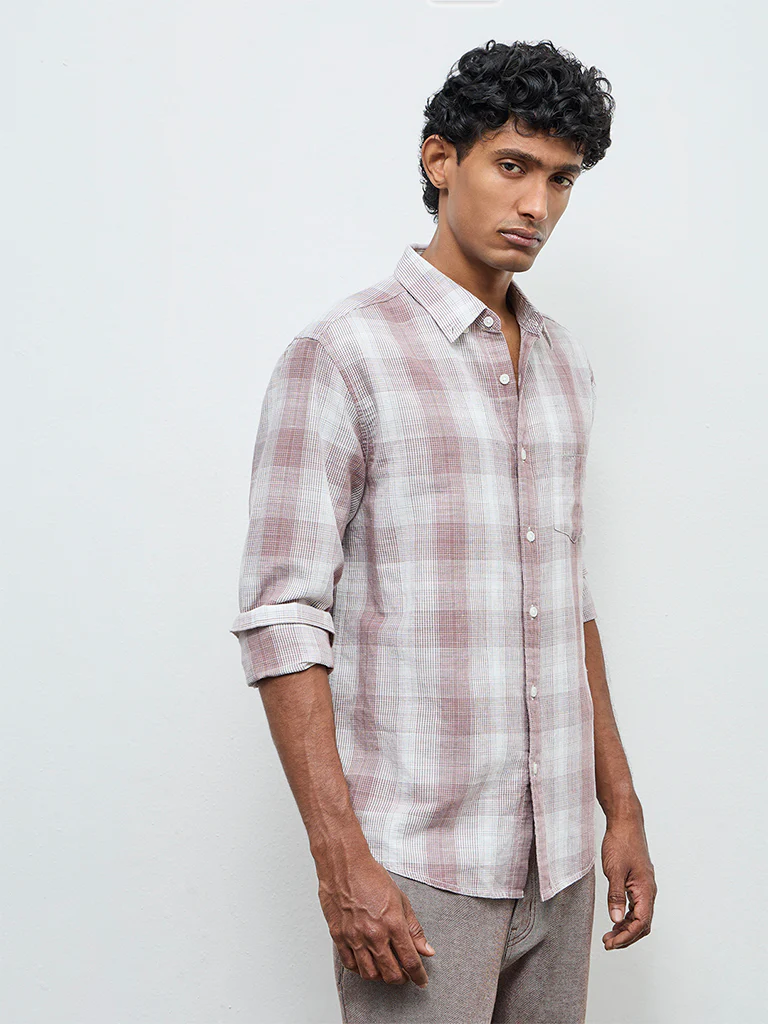 WES Casuals Dusty Pink Checks Relaxed Fit Cotton-Blend Shirt - Image 2