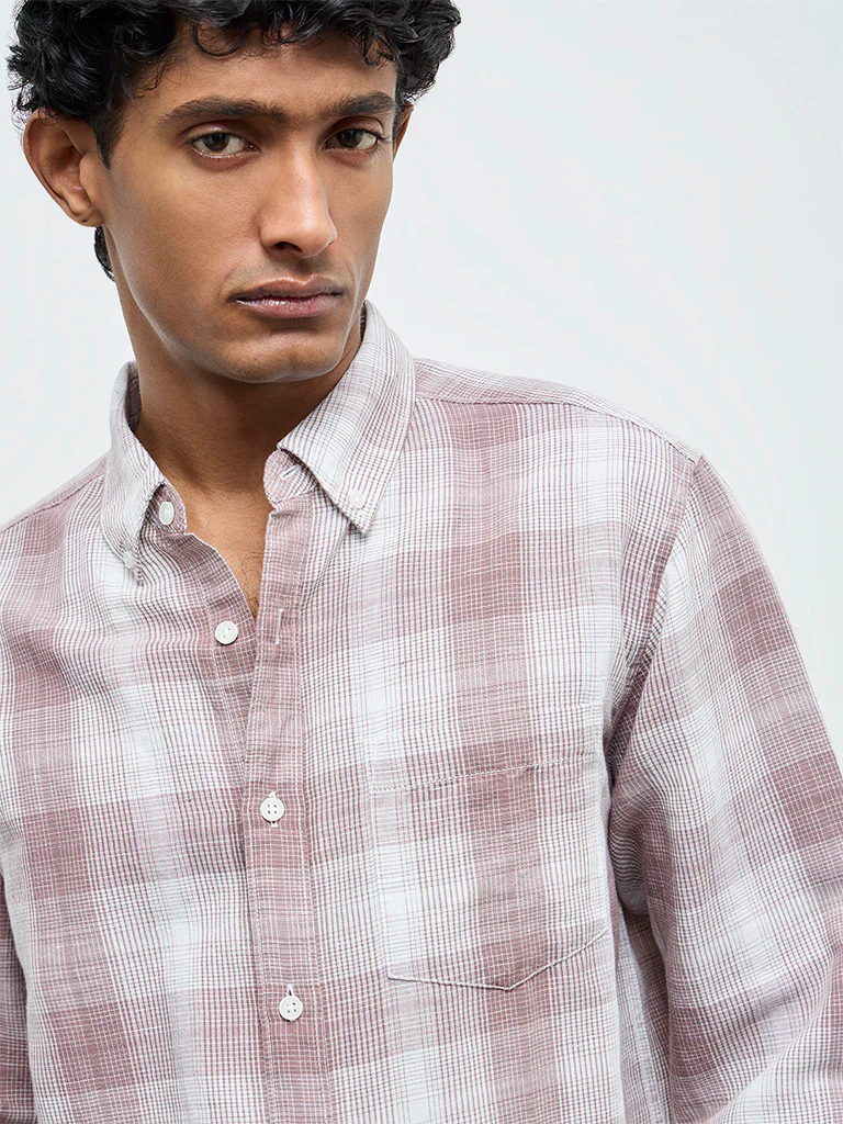 WES Casuals Dusty Pink Checks Relaxed Fit Cotton-Blend Shirt - Image 3