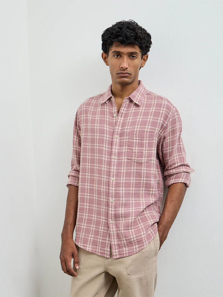WES Casuals Dusty Pink Checks Relaxed-Fit Cotton Shirt