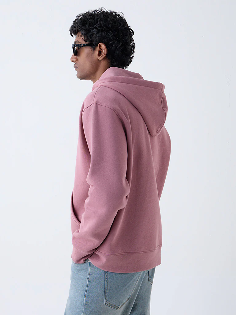 WES Casuals Dusty Pink Solid Relaxed-Fit Cotton-Blend Hoodie - Image 5