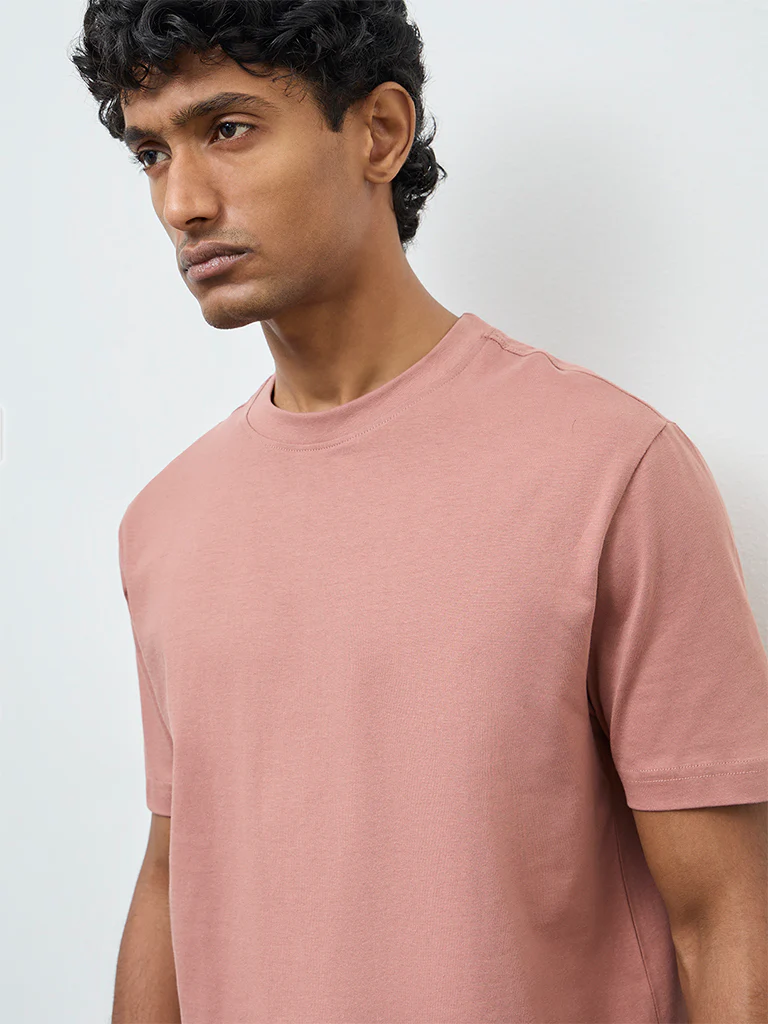 WES Casuals Dusty Pink Solid Relaxed-Fit Cotton T-Shirt - Image 4