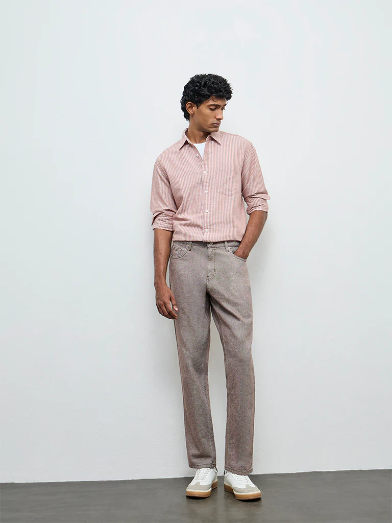 WES Casuals Dusty Pink Striped Relaxed Fit Cotton-Blend Shirt - Image 2