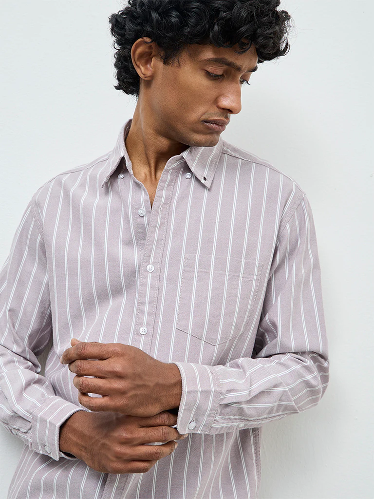 WES Casuals Dusty Pink Striped Relaxed-Fit Cotton Shirt - Image 3