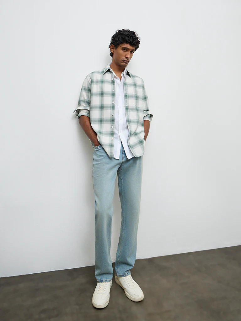 WES Casuals Green Checkered Relaxed-Fit Cotton-Blend Shirt - Image 2