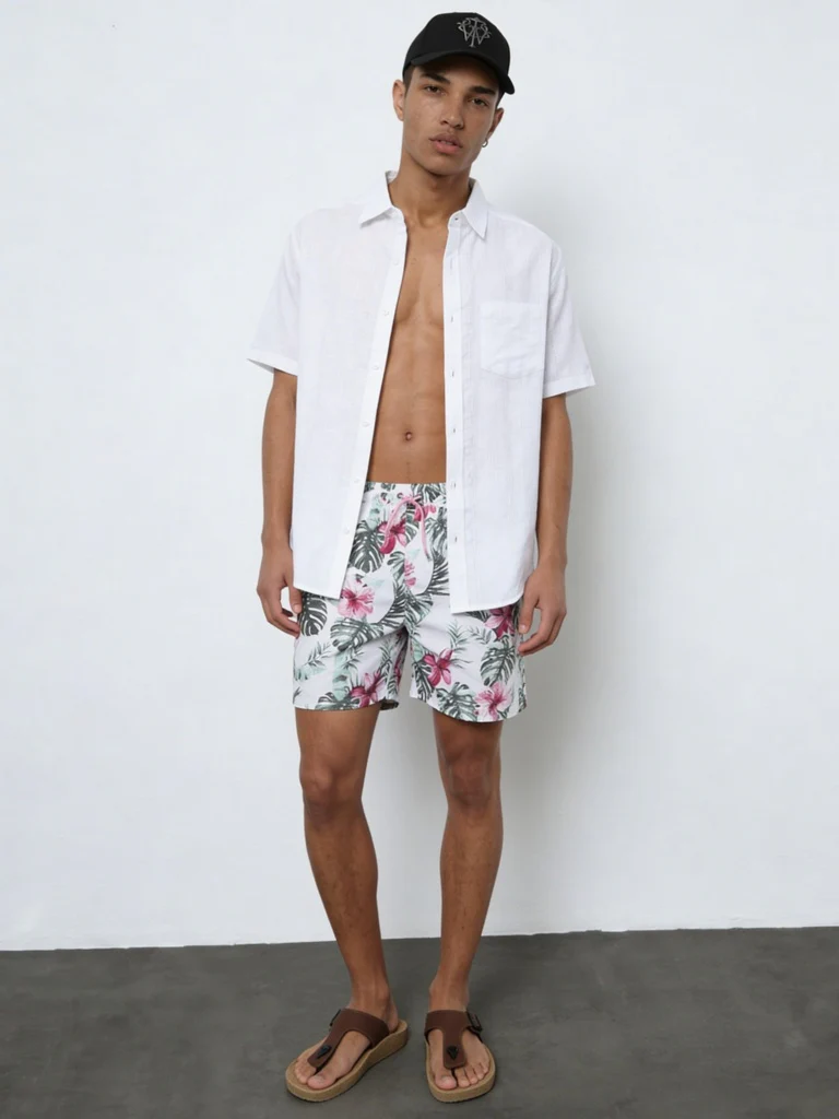 WES Casuals Green Foliage Printed Relaxed-Fit Mid-Rise Swimwear Shorts