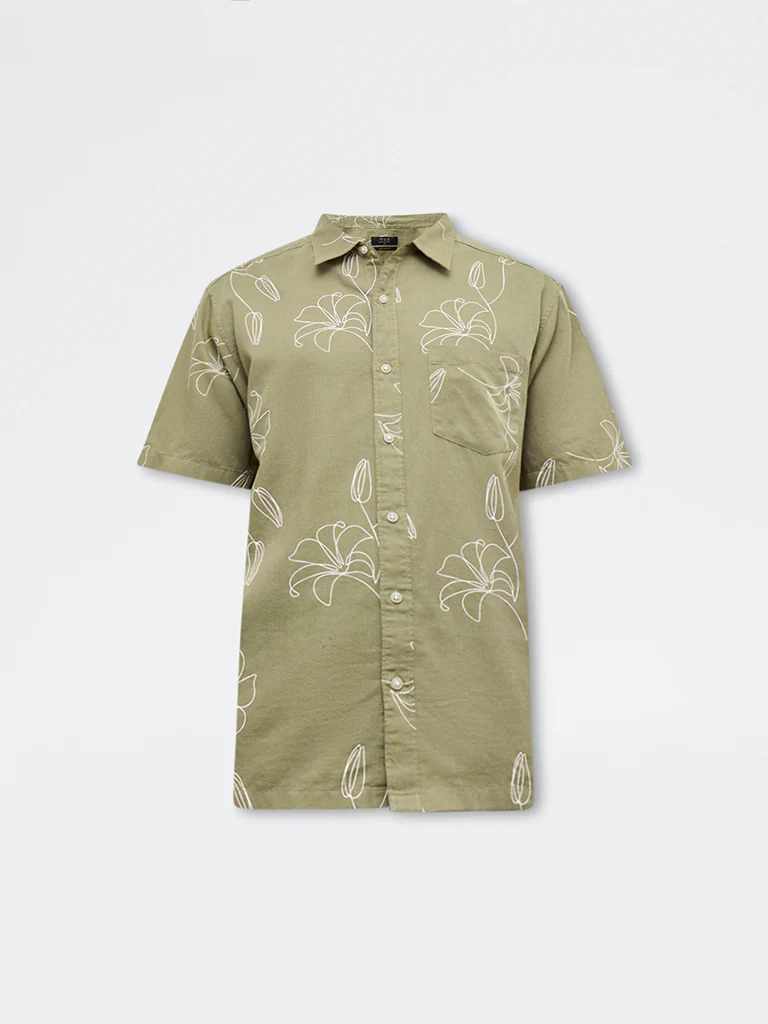 WES Casuals Green Printed Relaxed Fit Cotton-Blend Shirt - Image 5