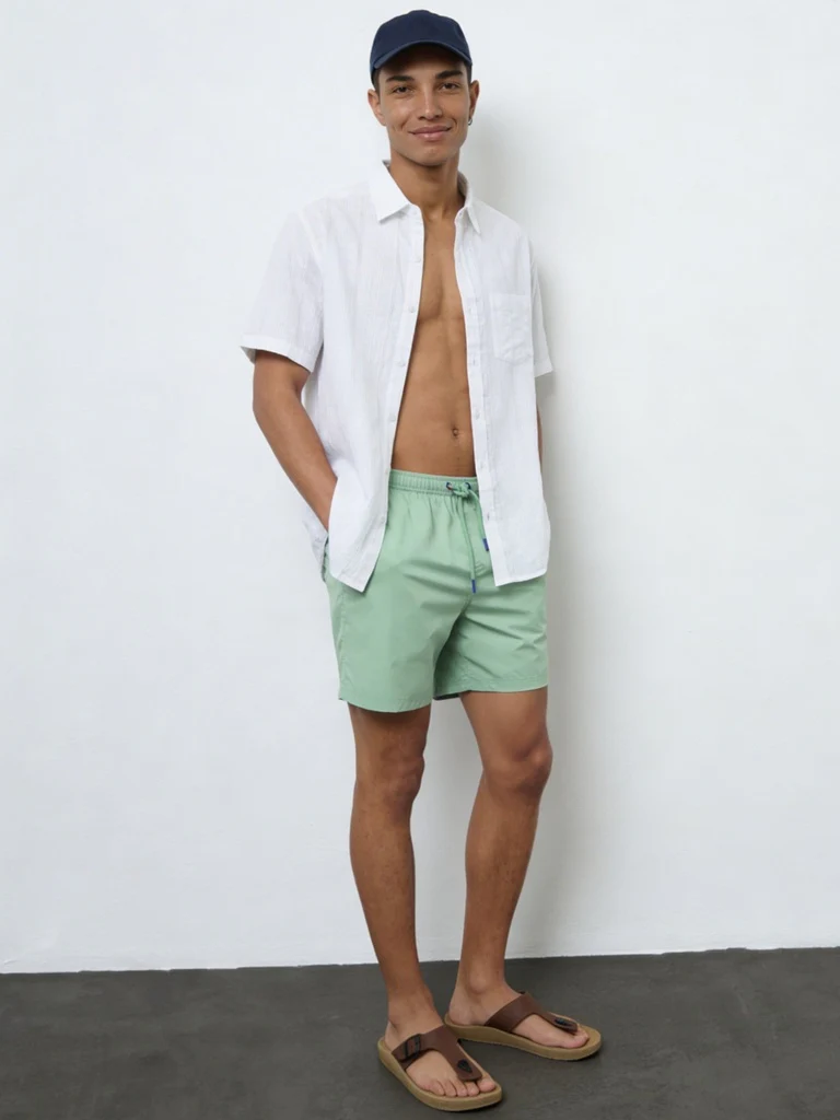 WES Casuals Green Relaxed-Fit Mid-Rise Swimwear Shorts