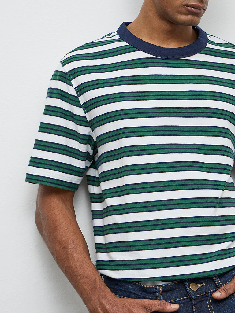 WES Casuals Green Stripe Relaxed-Fit Cotton T-Shirt - Image 4
