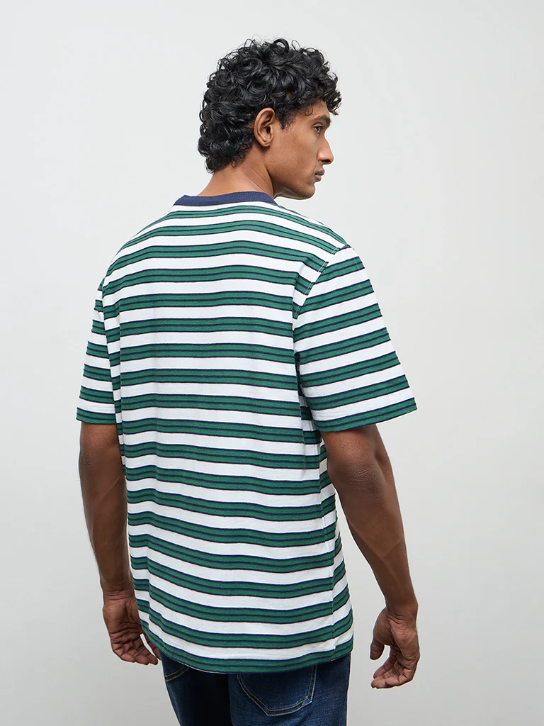 WES Casuals Green Stripe Relaxed-Fit Cotton T-Shirt - Image 5
